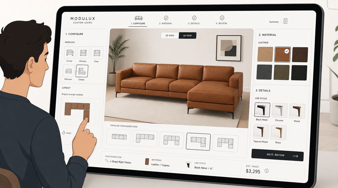 A person customizing a leather sectional sofa using an interactive 3D digital design interface on a tablet.