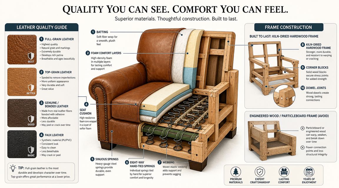 An infographic showing the internal construction, materials, and quality layers of a premium leather sofa.