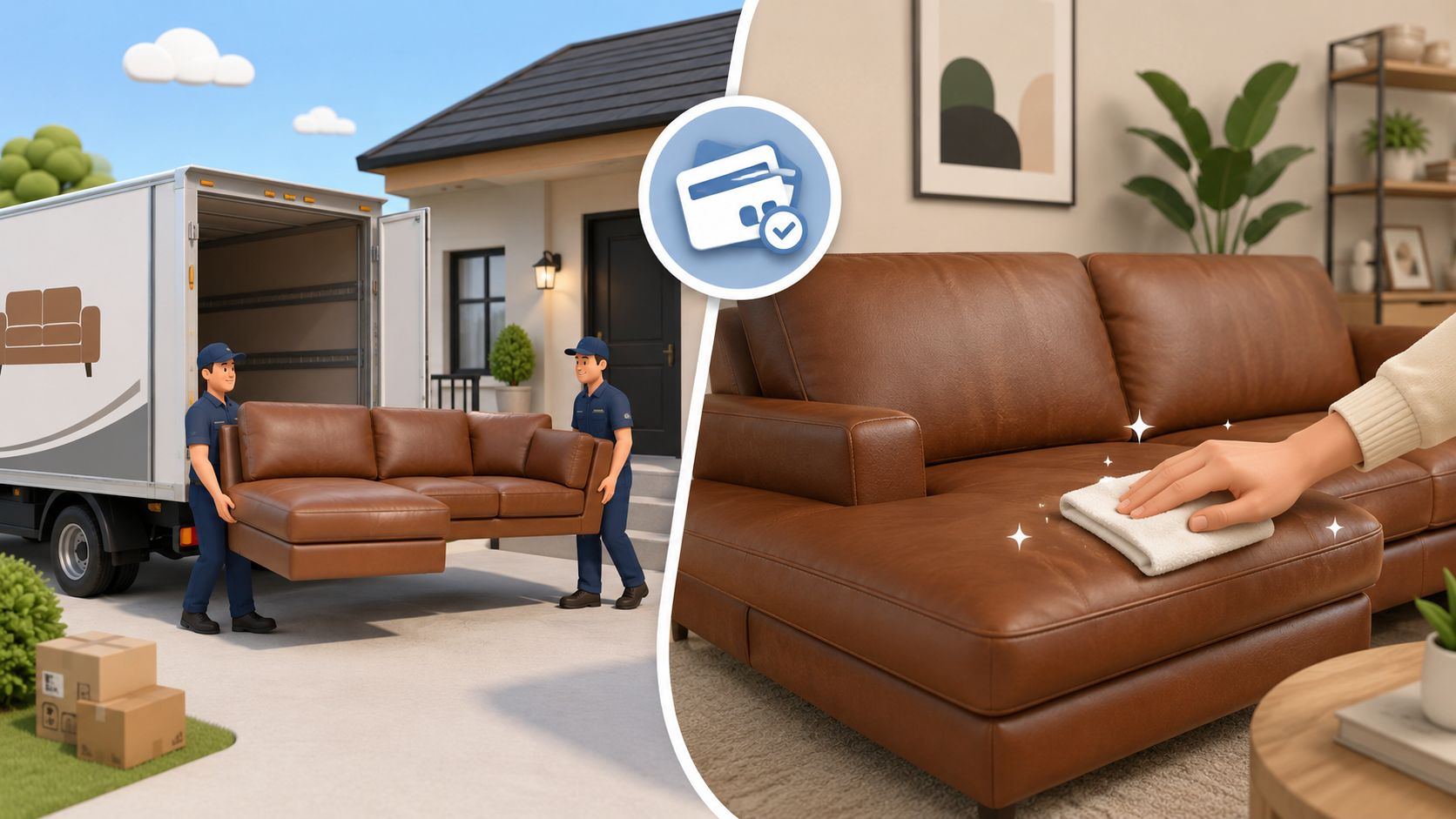 Two movers delivering a leather sectional sofa with a customer cleaning the couch in the living room.