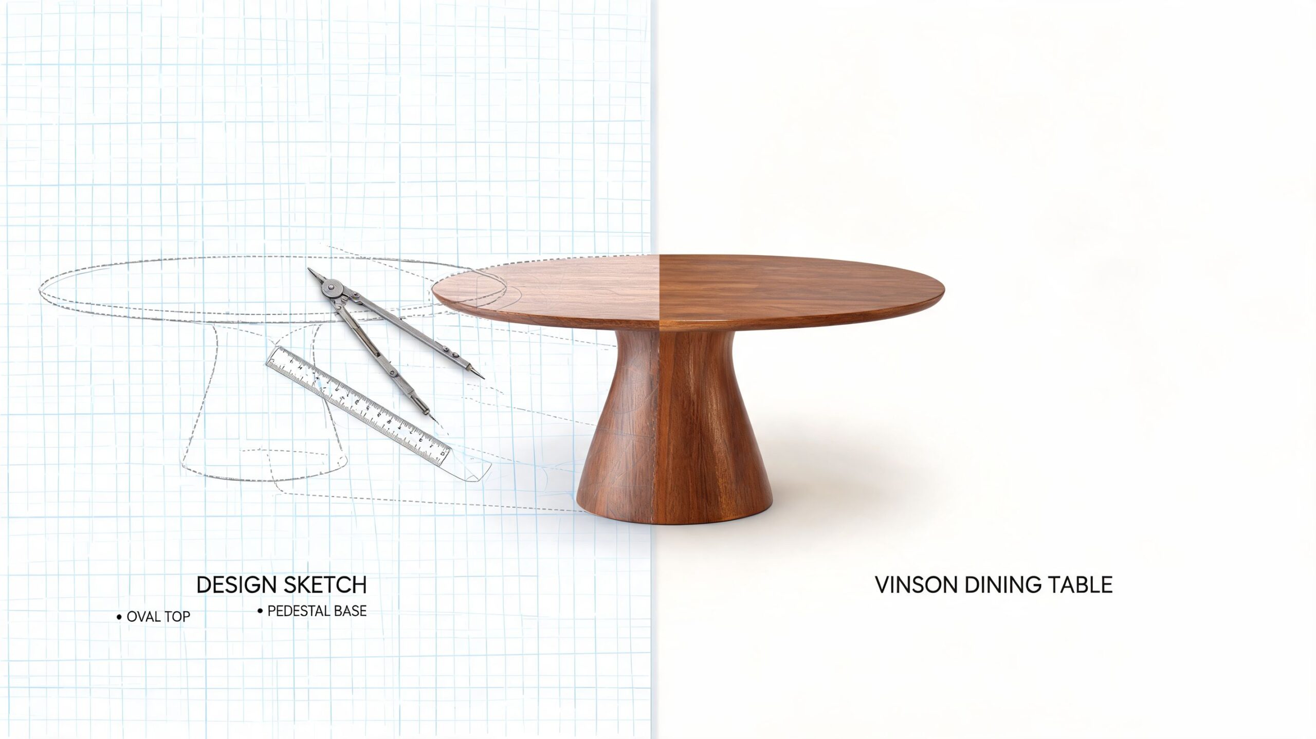 A split image showing a grid design sketch next to a finished wooden Vinson dining table.