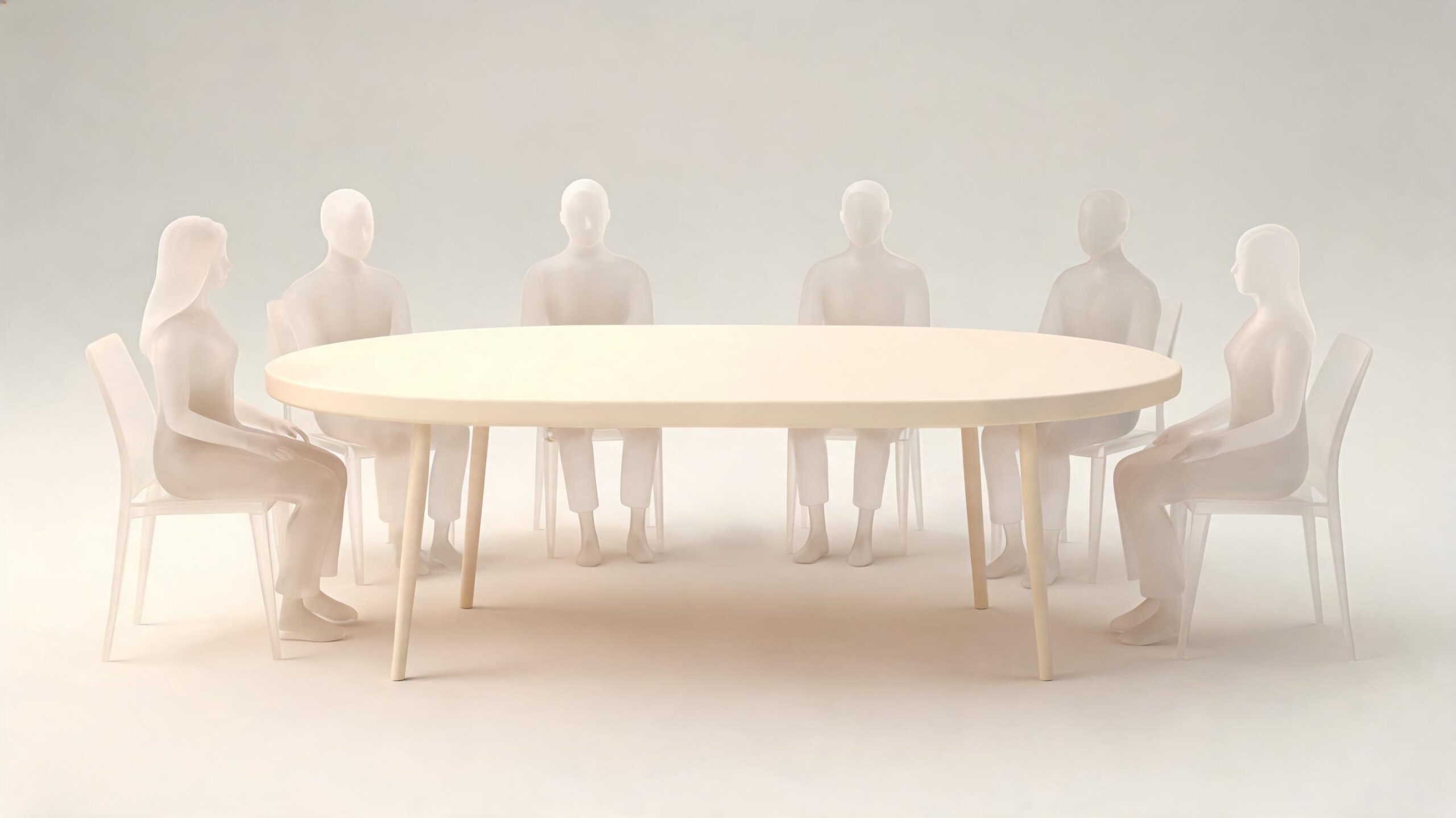 A modern oval dining table with six semi-transparent figures sitting around it in a minimalist setting.