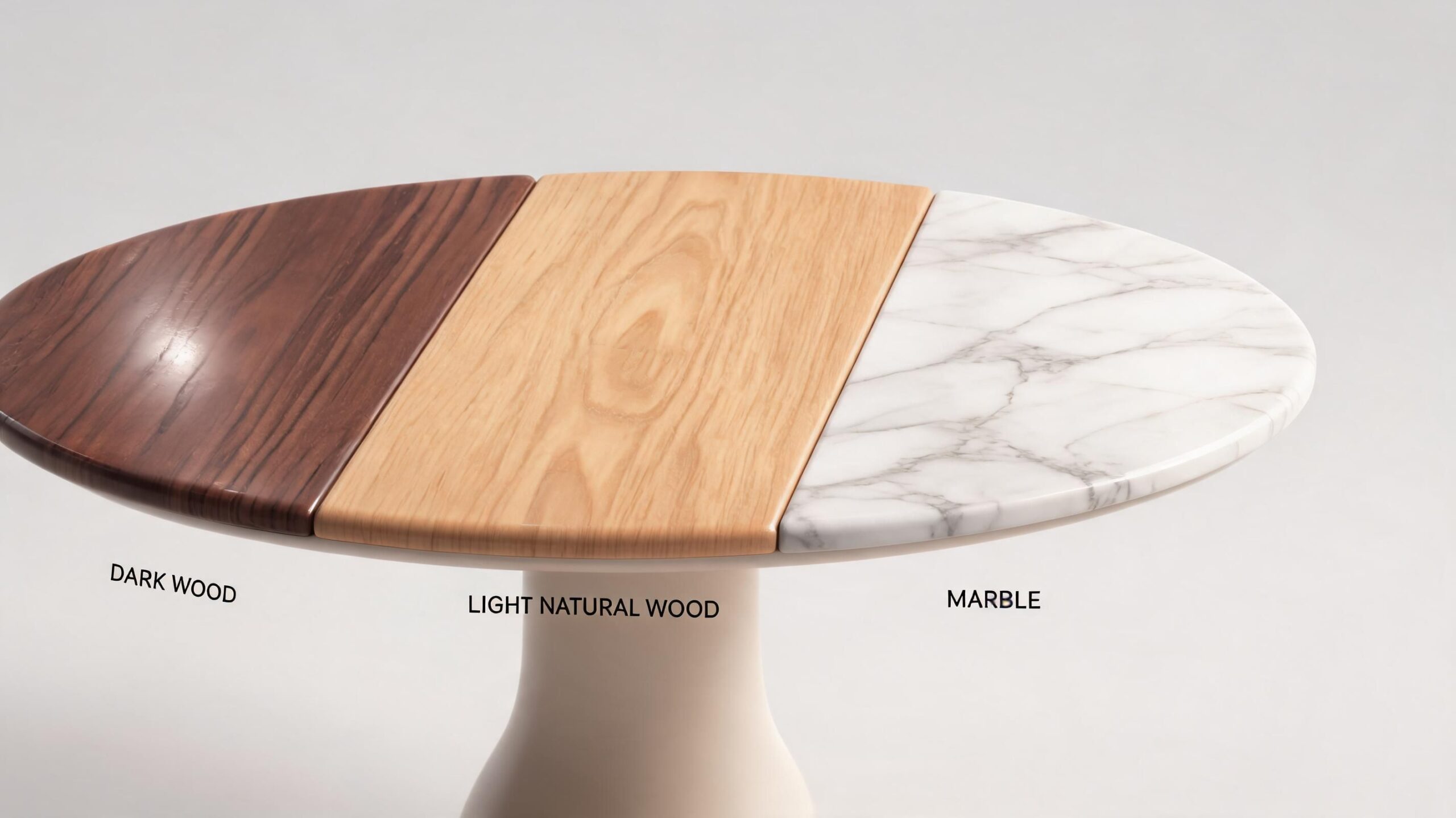 A modern oval pedestal dining table surface featuring distinct sections of dark wood, light natural wood, and white marble.