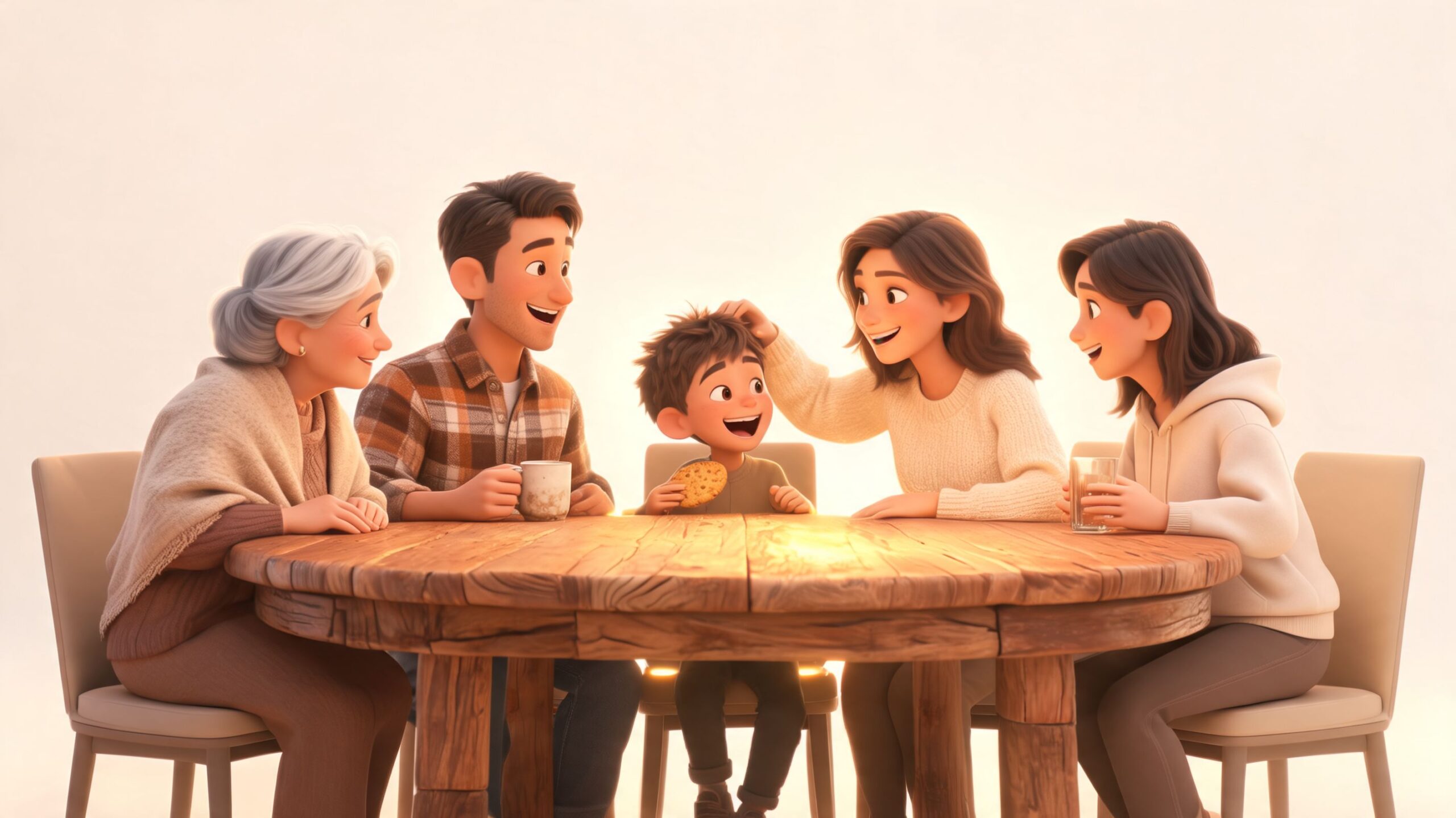 A happy family sitting around a salvaged wood round dining table eating snacks and smiling together