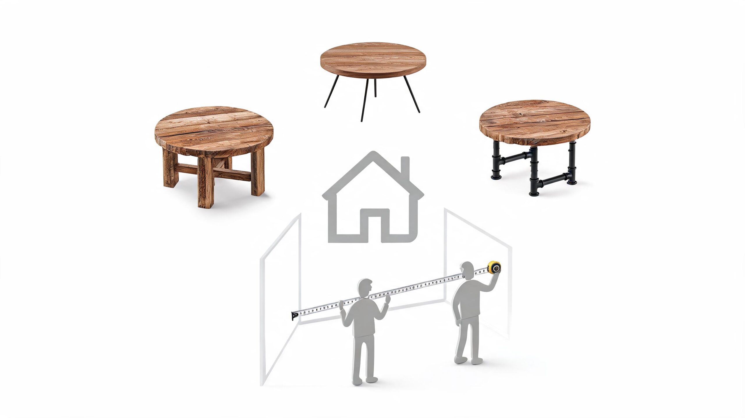 Three different round salvaged wood dining tables arranged around a house icon with people measuring a room.