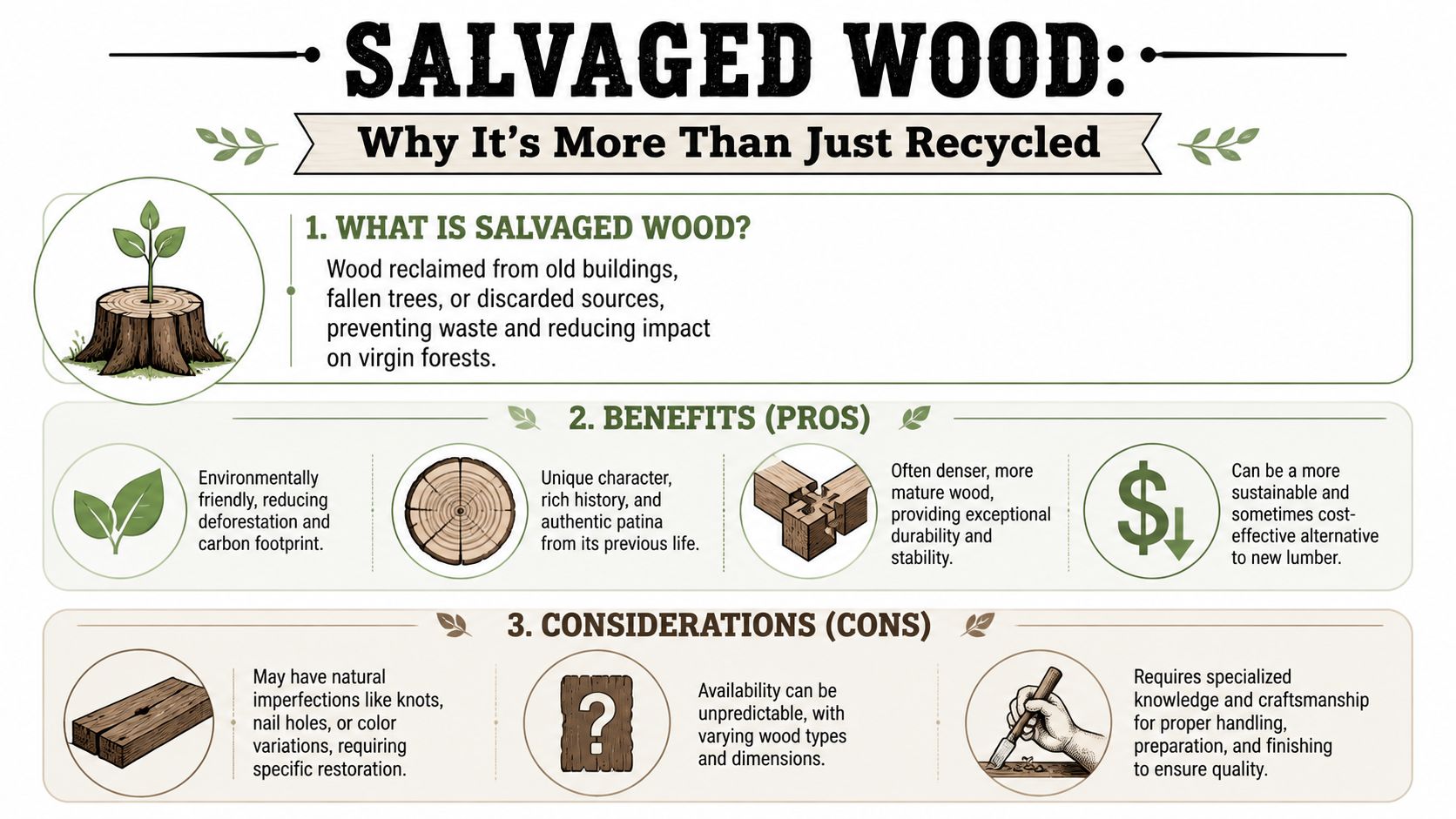 An infographic titled Salvaged Wood, explaining its definition, benefits, and considerations for sustainable furniture projects.