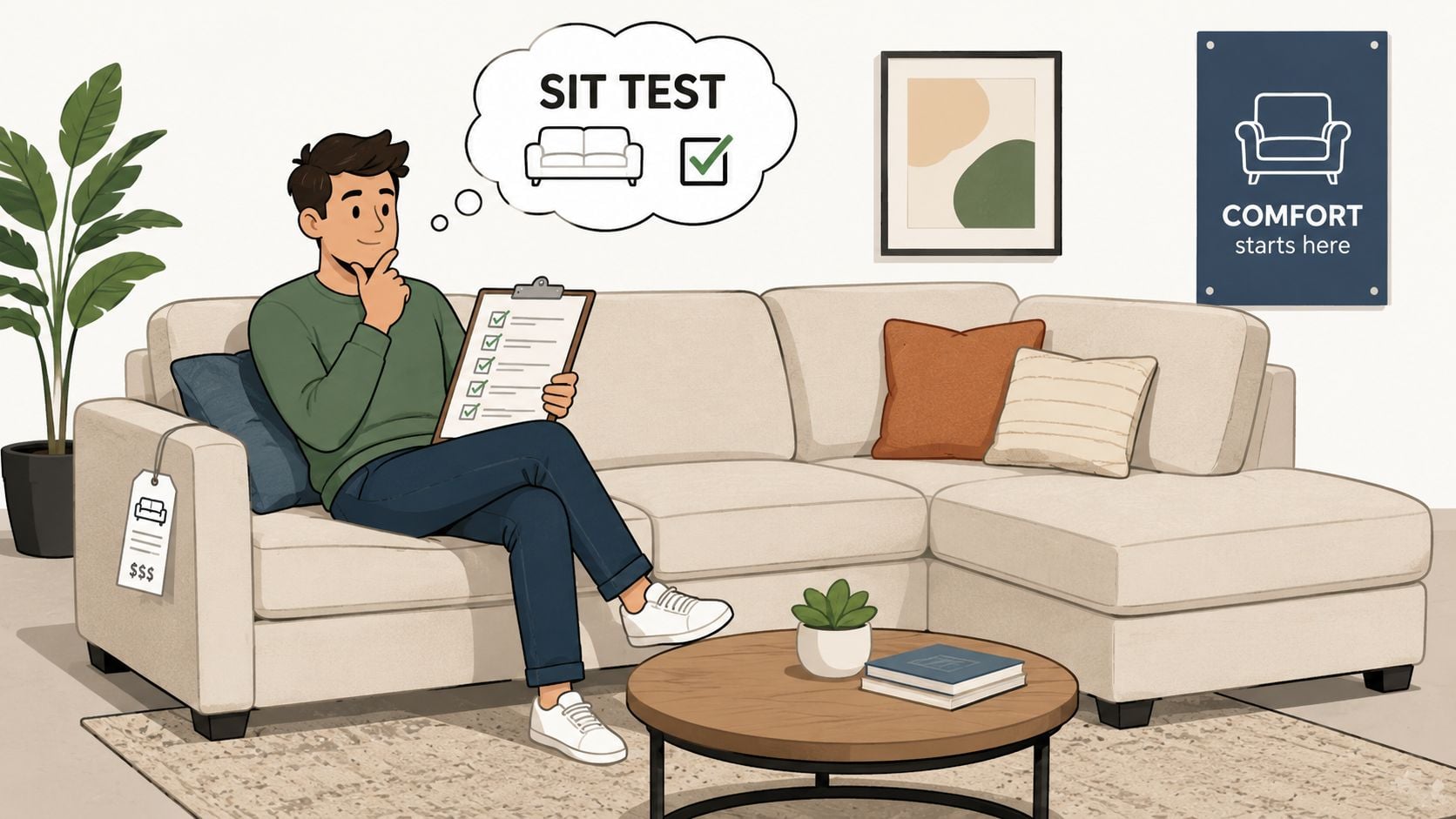 A man sitting on a beige sectional couch holding a clipboard while performing a comfort test.