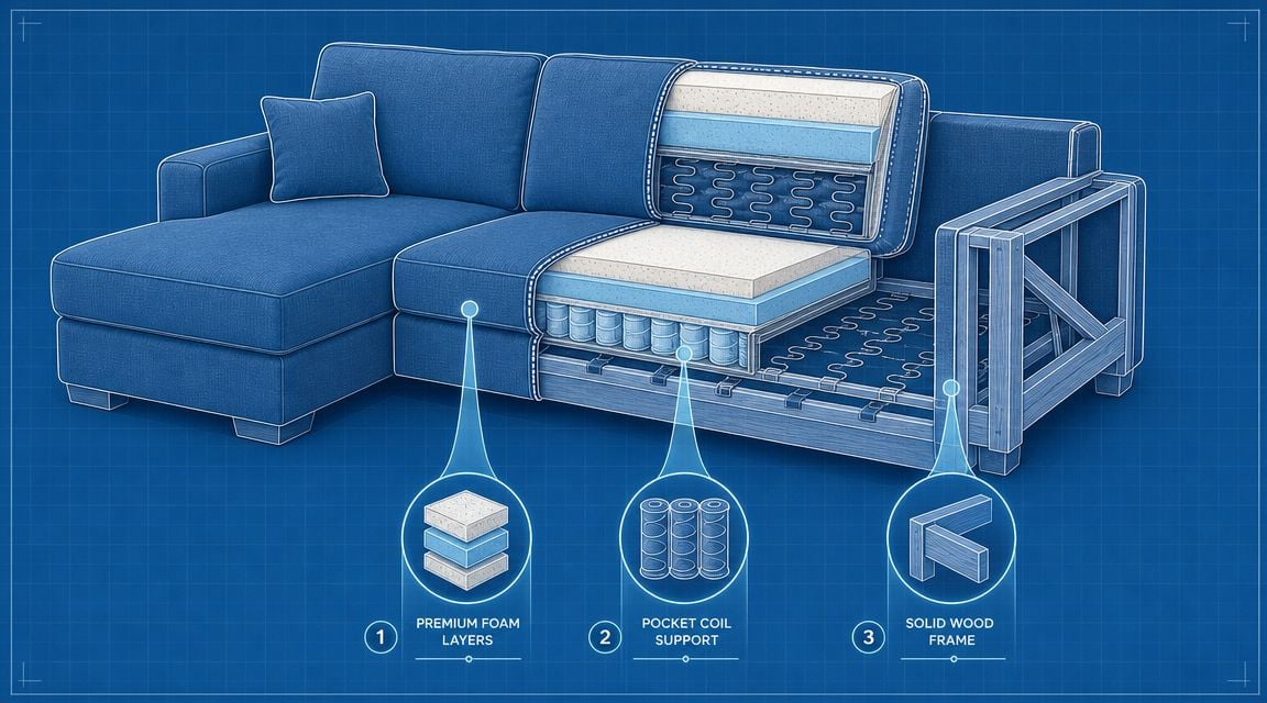 A detailed blue blueprint illustration showing the structural components of a comfortable sectional sofa.