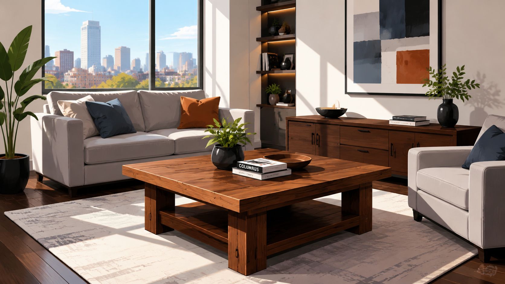 A modern, sunlit living room featuring a wooden coffee table, comfortable sofas, and a view of the city.