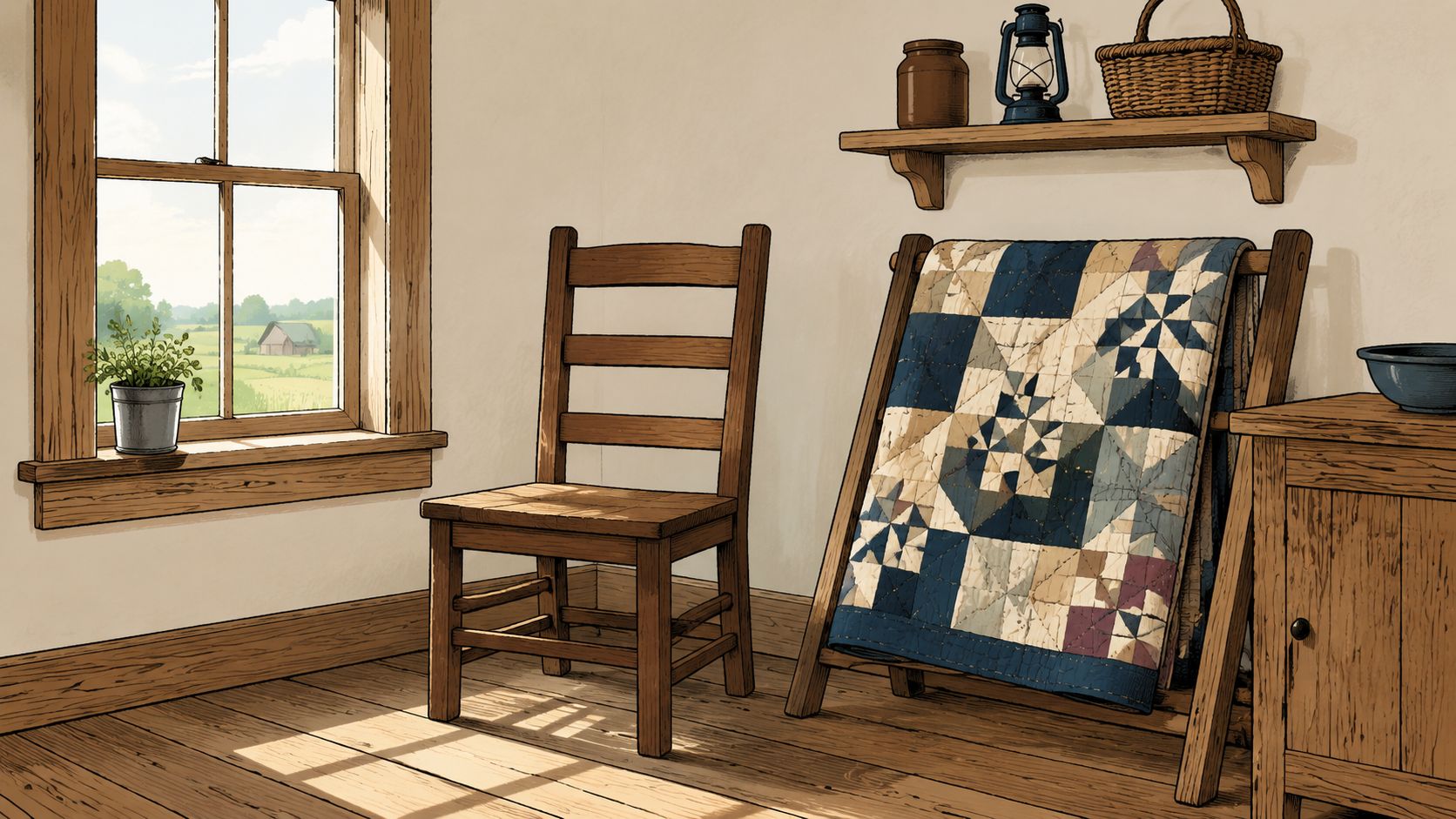 A rustic room featuring a wooden chair, a quilt on a stand, and a window view.