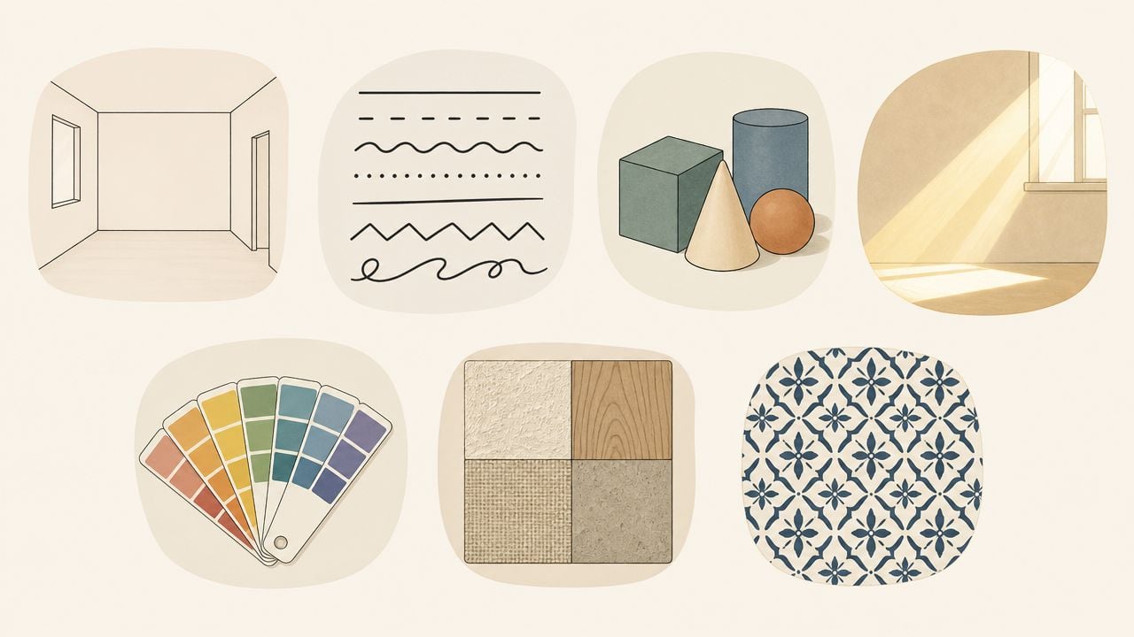 A collection of icons illustrating interior design fundamentals like empty rooms, lines, shapes, lighting, and textures.
