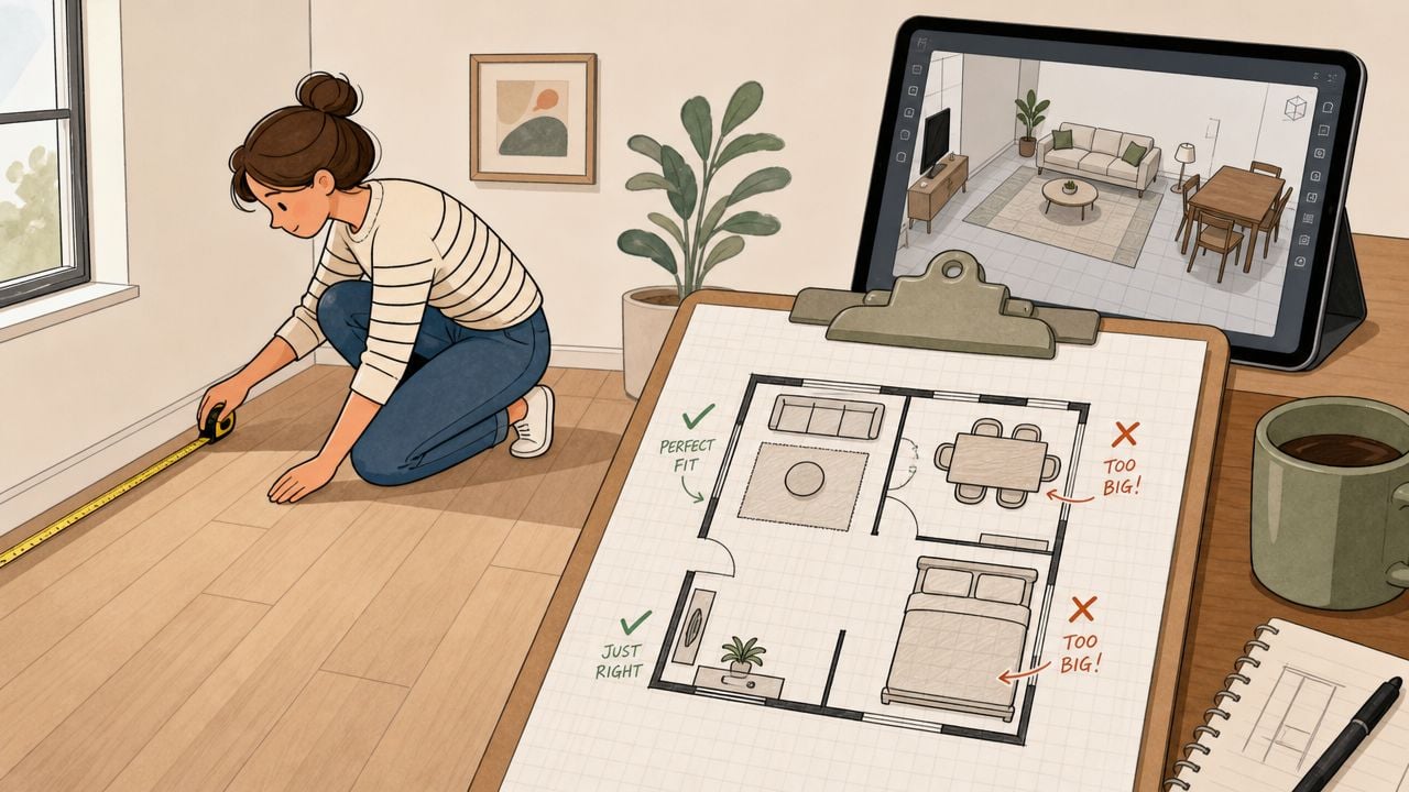 A woman measuring a room floor while planning interior furniture layout using a floor plan and tablet.