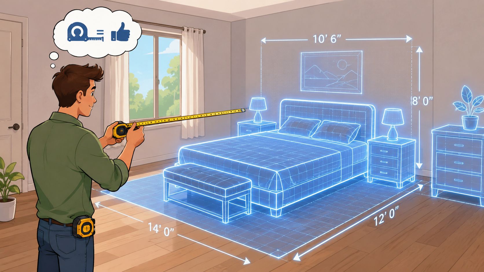 A man using a tape measure to check the dimensions of bedroom furniture with holographic overlays.
