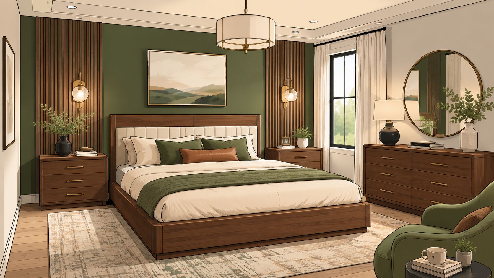 A cozy, modern bedroom featuring a wooden bed frame, green accents, and elegant furniture in a stylish interior.