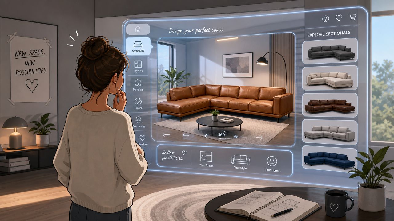 A woman uses an augmented reality interface to browse and visualize leather sectional sofas in her living room.