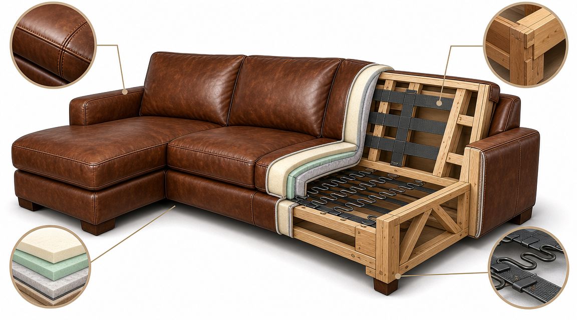 A cutaway view of a brown leather sectional sofa showing its internal wood frame, spring support, and foam cushioning.