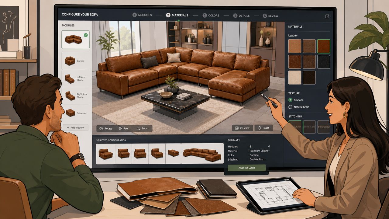 A man and woman collaborating on designing a custom leather sectional sofa using a large digital touchscreen.