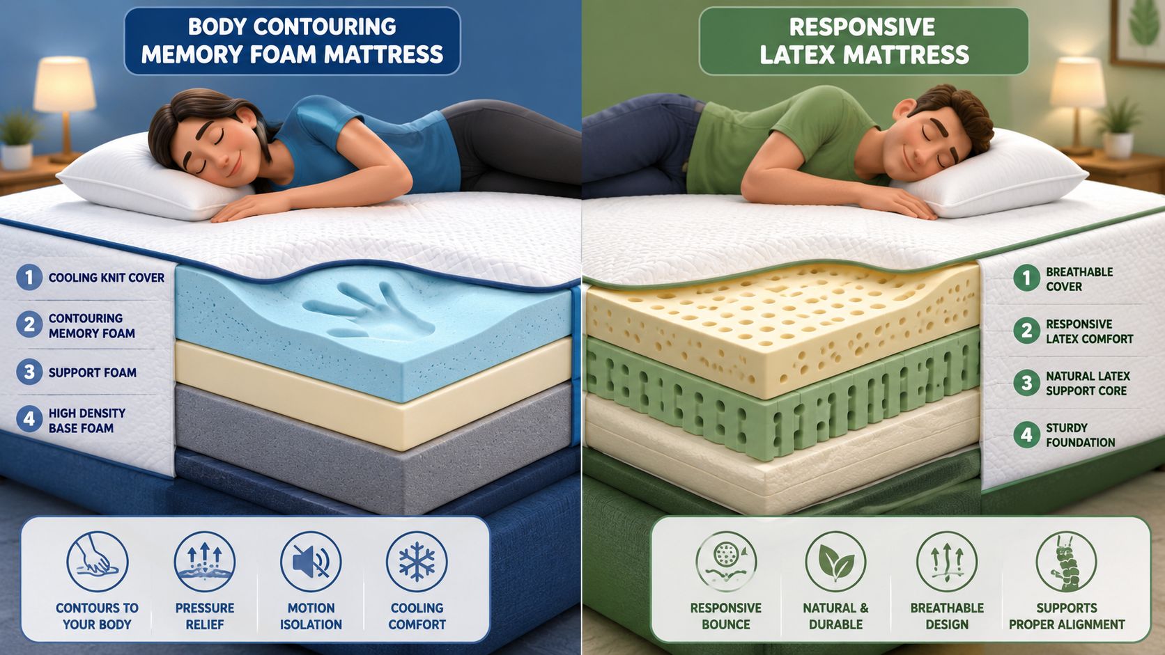 A comparison showing the cross-section layers of a body contouring memory foam mattress versus a responsive latex mattress.