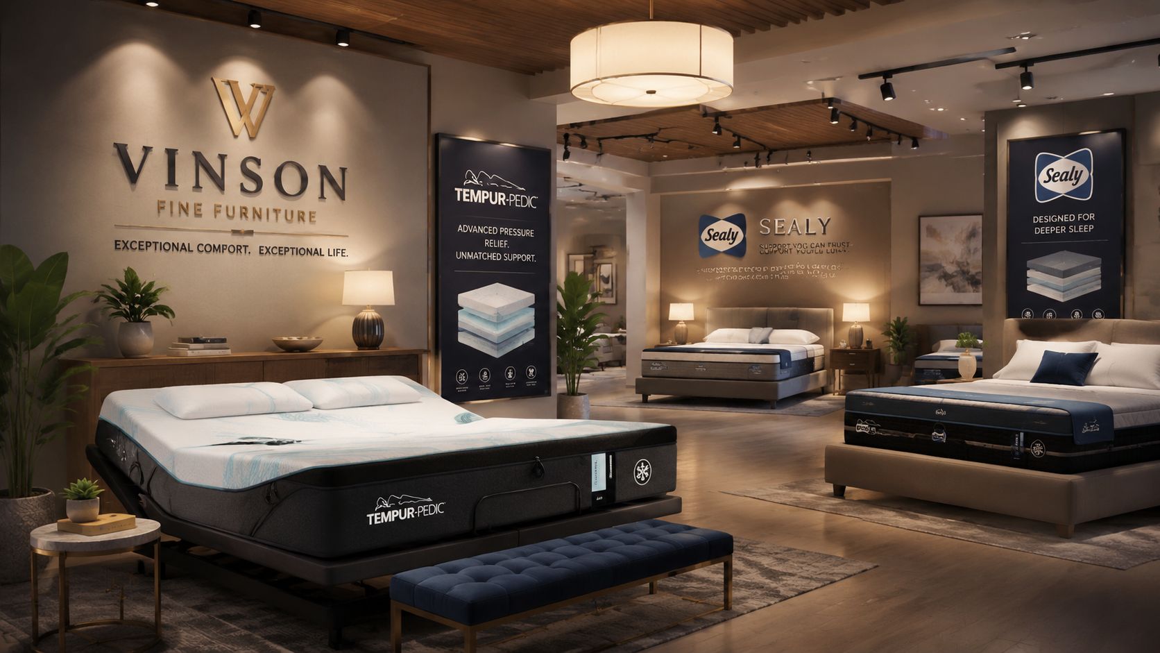A modern furniture showroom displaying high-quality mattresses, including Sealy and Tempur-Pedic brands, for comfortable sleep.