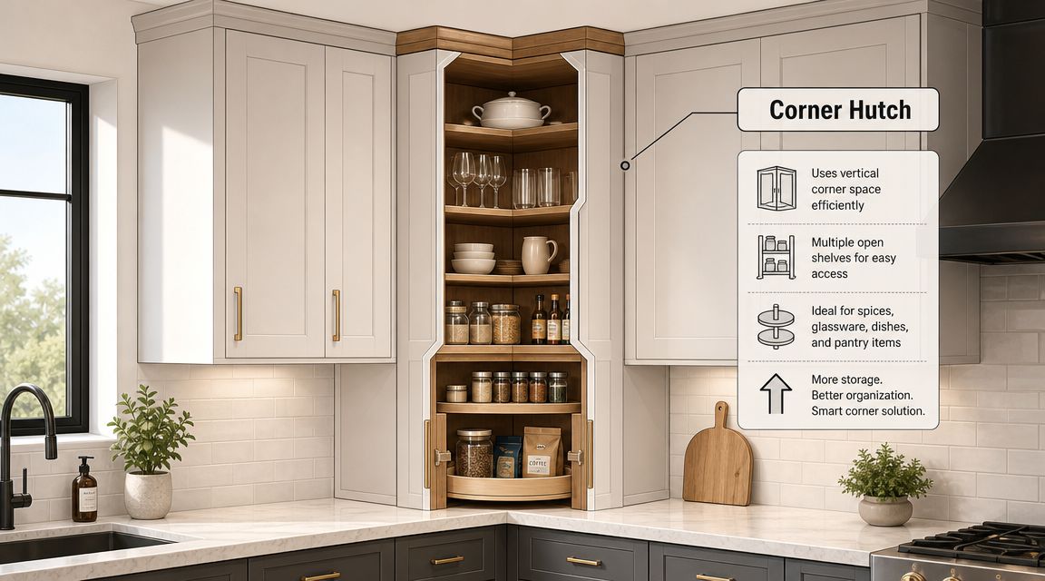 A kitchen corner hutch featuring open display shelves and a hidden rotating storage cabinet for easy organization.
