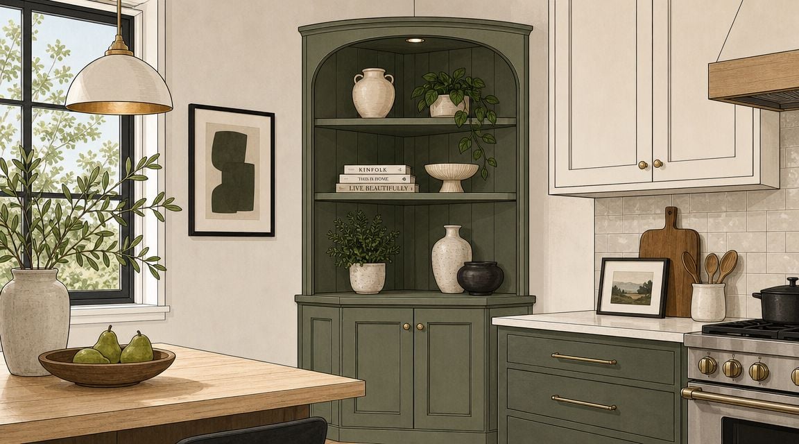 A cozy kitchen corner featuring a green corner hutch, wooden table, and modern kitchen accessories.