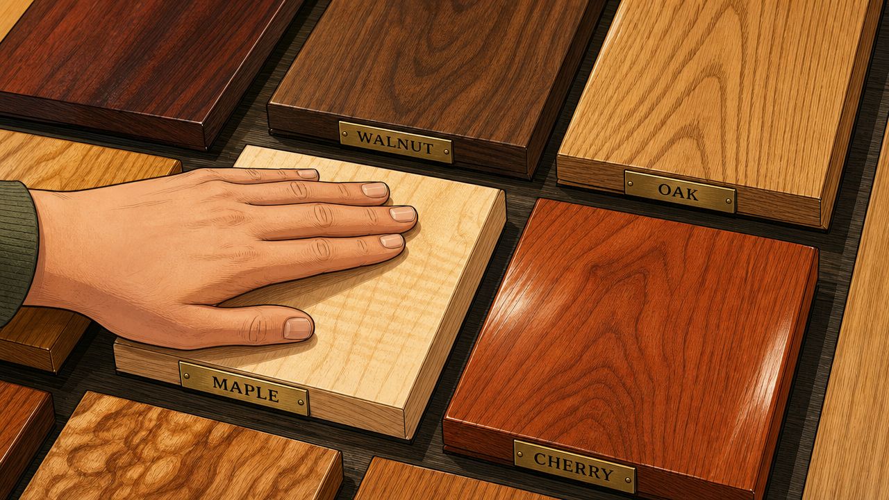 A hand rests on a maple wood sample board in a collection of various wood finishes.