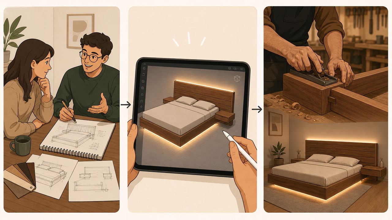 A creative process showing a couple designing a modern wooden bed that is built by a professional carpenter.