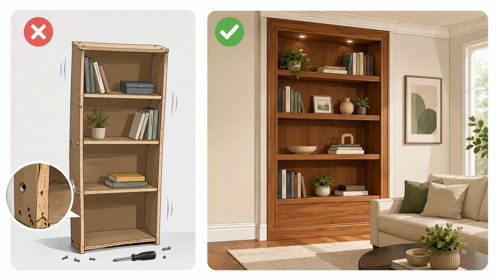 A side-by-side comparison showing a shaky, poorly assembled bookshelf and a professional custom built bookshelf.