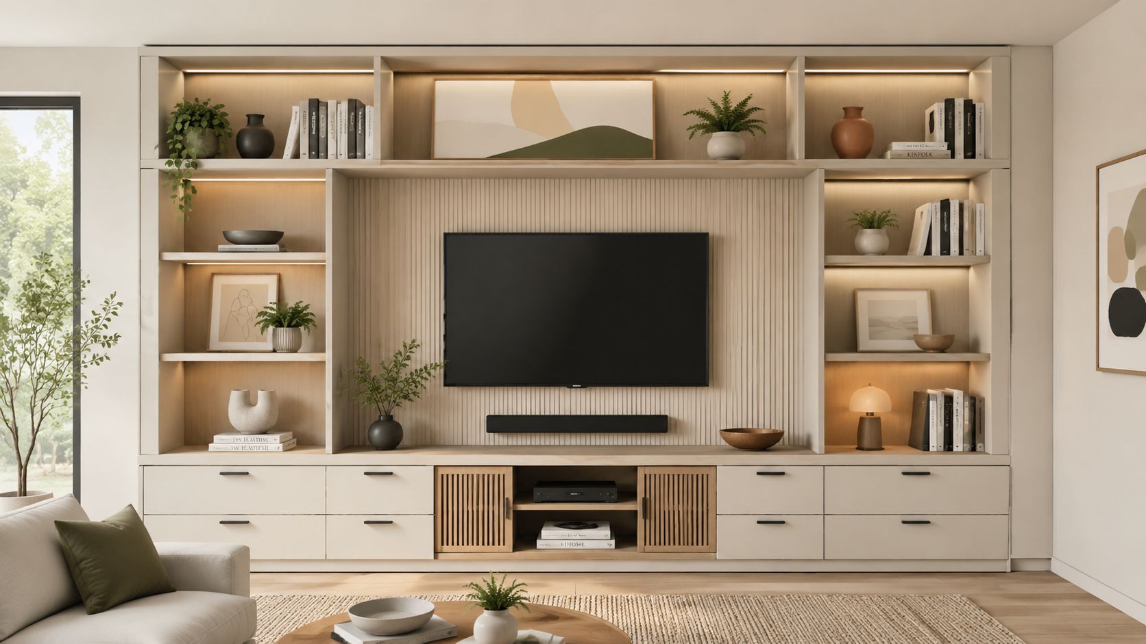 A modern custom built bookshelf with integrated TV, decorative shelving, ambient lighting, and wooden cabinetry.