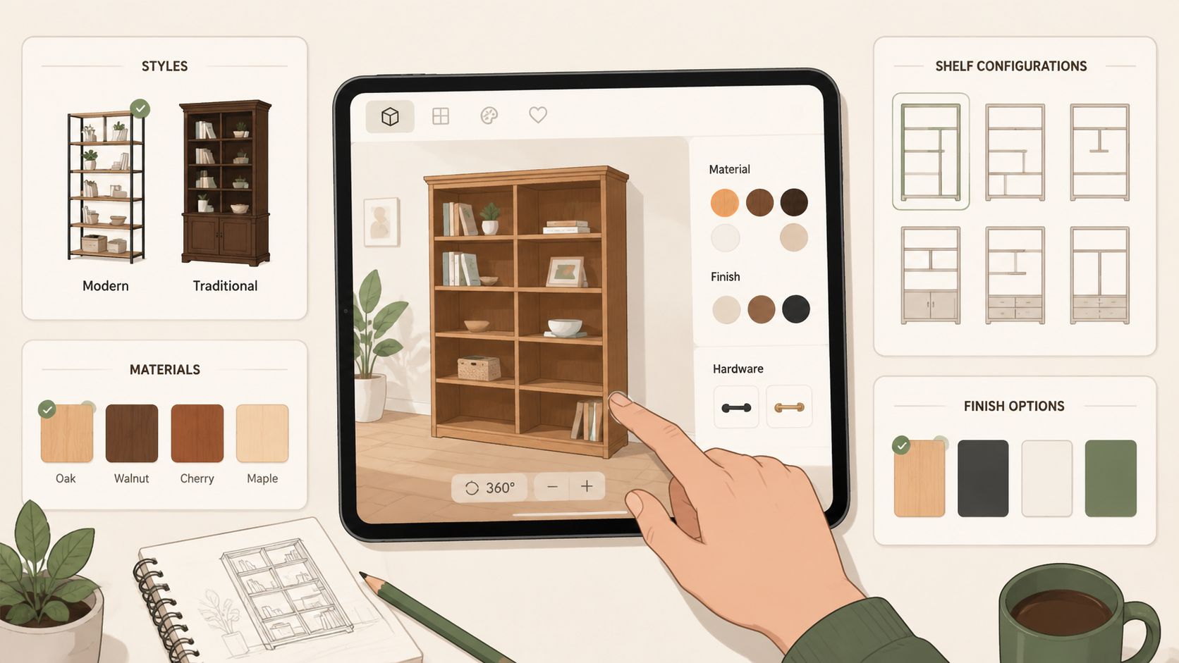 A tablet screen displaying a custom built bookshelf configuration app with design options and interactive user tools.