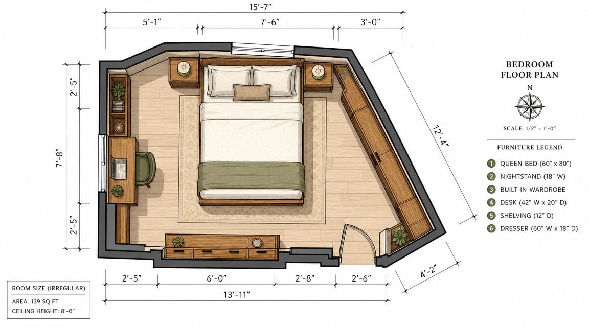 A top-down floor plan of a bedroom featuring custom wood furniture, a queen bed, and desk.