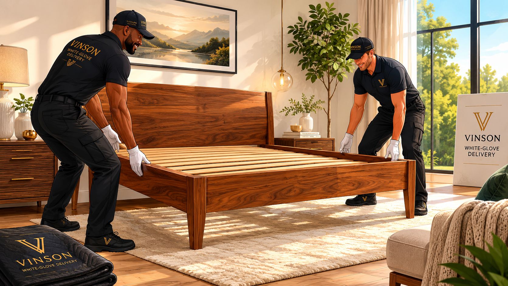 Two professional movers from Vinson White-Glove Delivery assembling a handcrafted wooden bed frame in a modern bedroom.