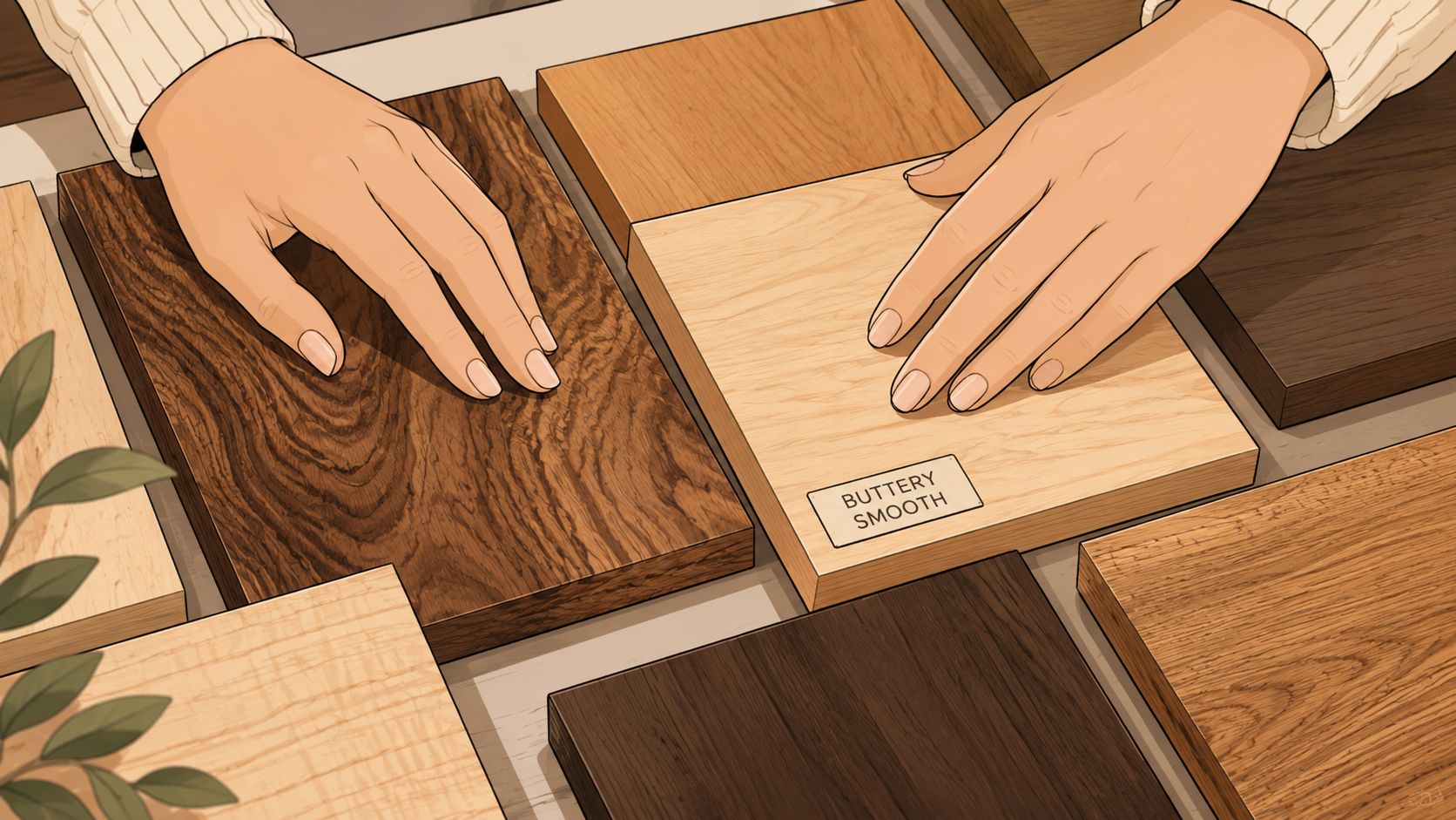 A close-up view of hands examining various wooden material samples with different grains and textures.