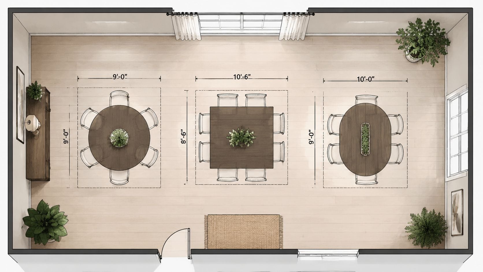 Top-down floor plan view showing three different dining table and chair arrangements in a spacious room.