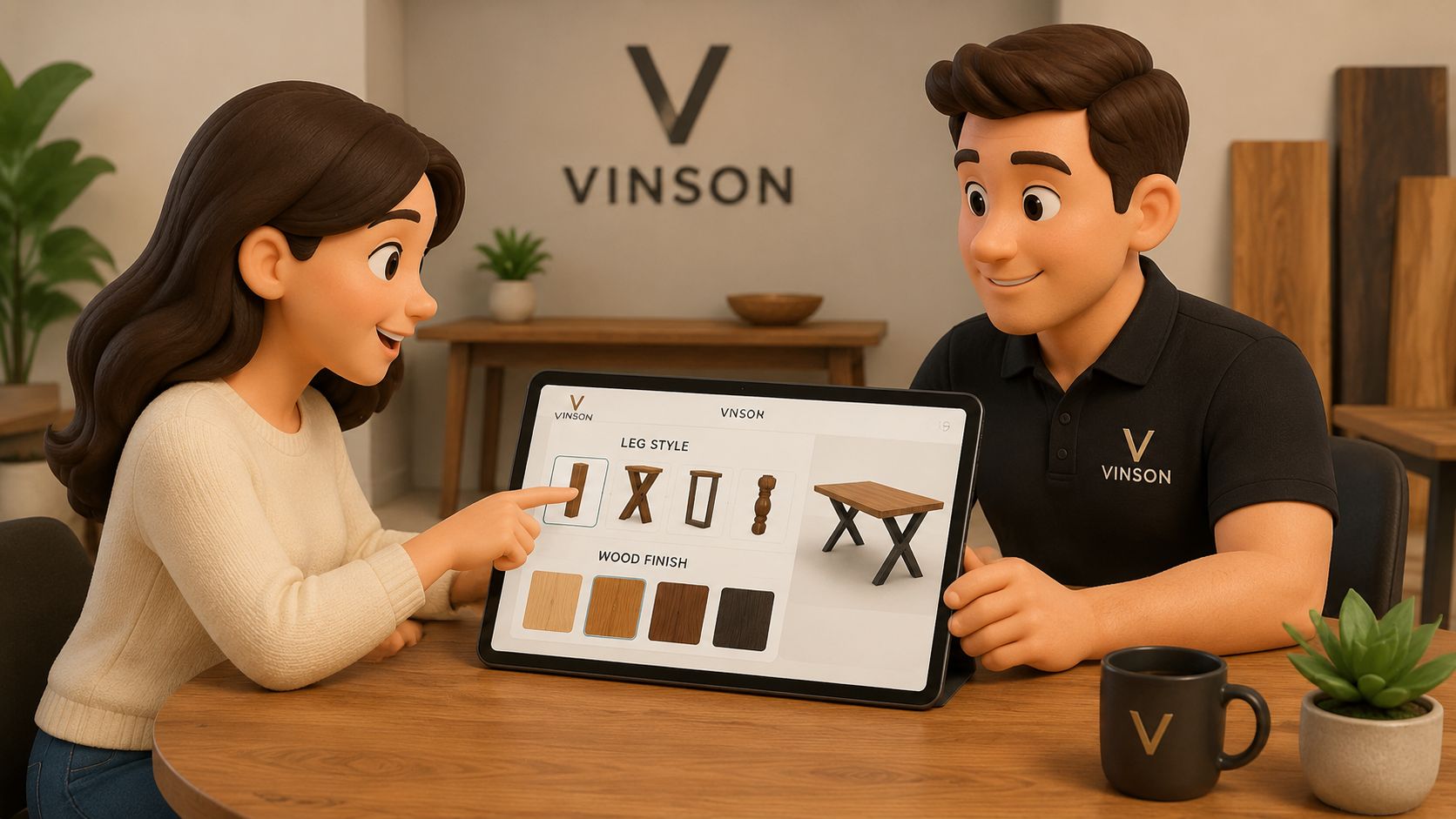 A 3D animated woman and man discussing dining table customization options on a digital tablet screen.