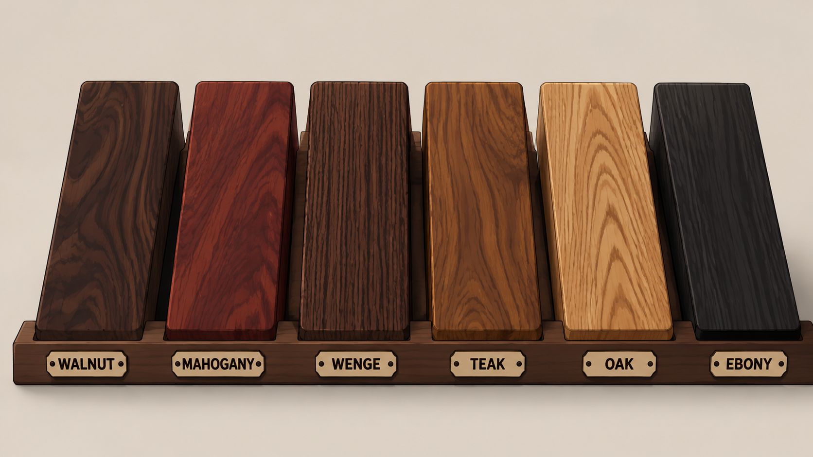 A professional display board featuring six distinct samples of premium dark wood varieties with labeled tags.