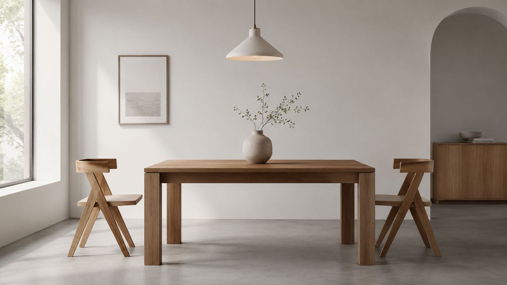 A modern minimalist dining room featuring a wooden table, two chairs, and a simple ceramic vase.