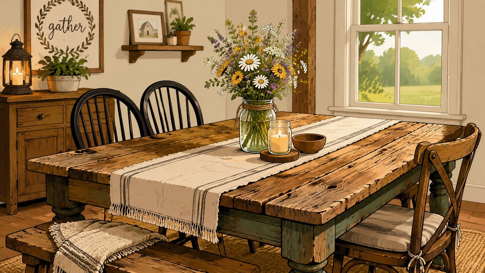A rustic wooden dining table with a floral centerpiece, candle, and farmhouse decor in a cozy room.