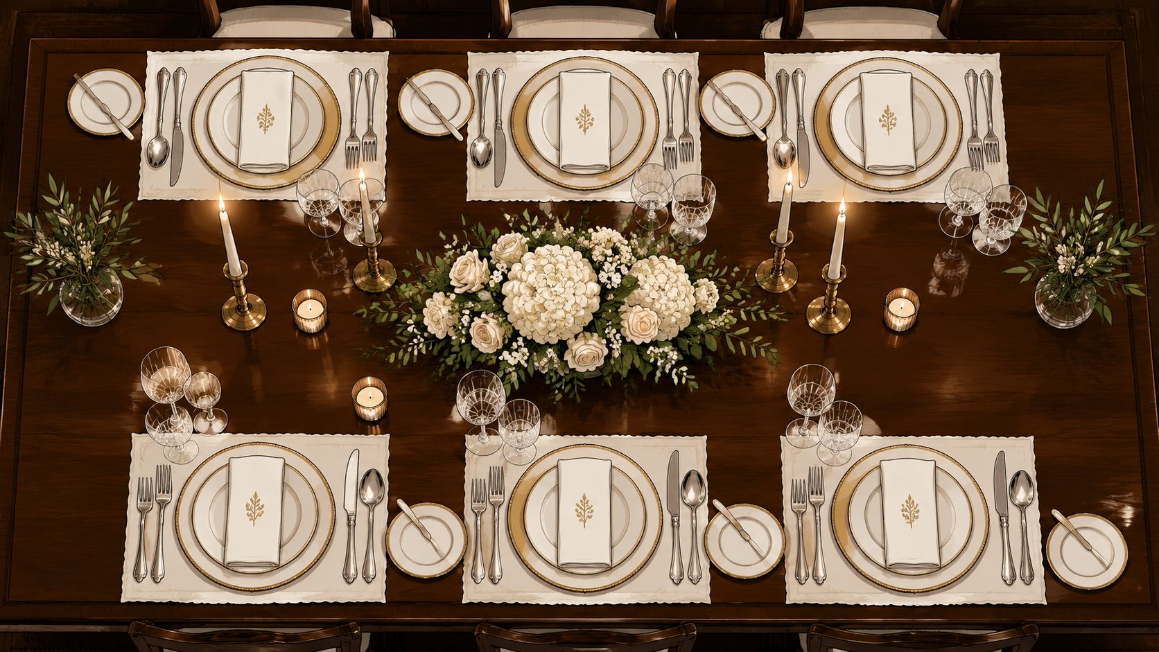 An elegant, formal dining table setup for six featuring white plates, crystal glasses, candles, and flower centerpieces.