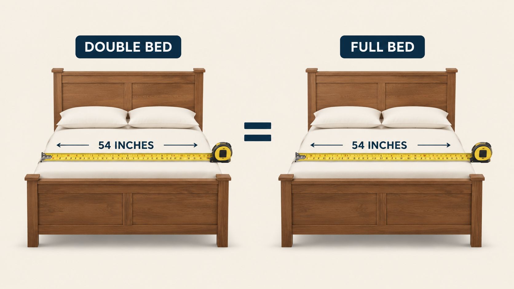 A diagram comparing a double bed and a full bed, both measuring 54 inches wide.