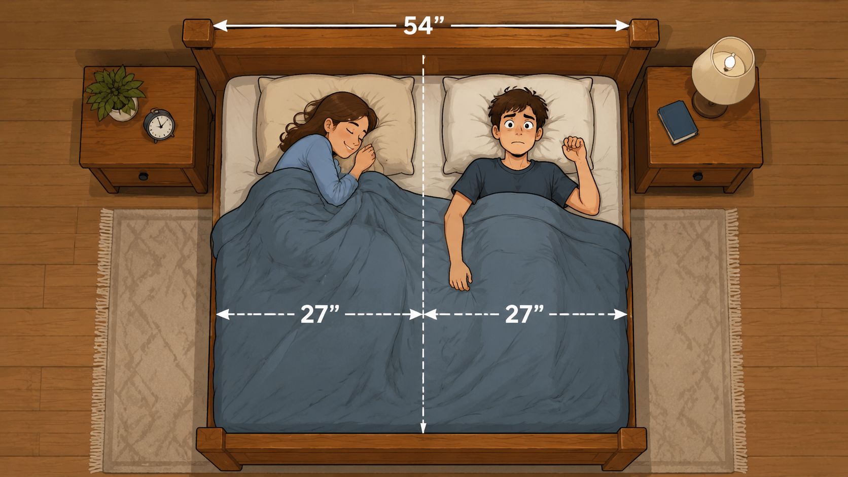A top-down illustration of a couple sleeping on a standard full-size bed measuring 54 inches wide.