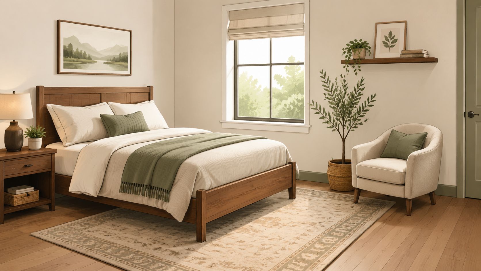 A serene bedroom featuring a wooden bed frame, green accents, and a comfortable armchair near a window.