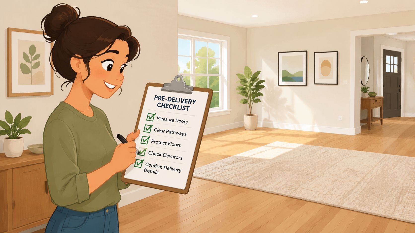 A woman holding a clipboard with a pre-delivery checklist in a bright, modern living room.
