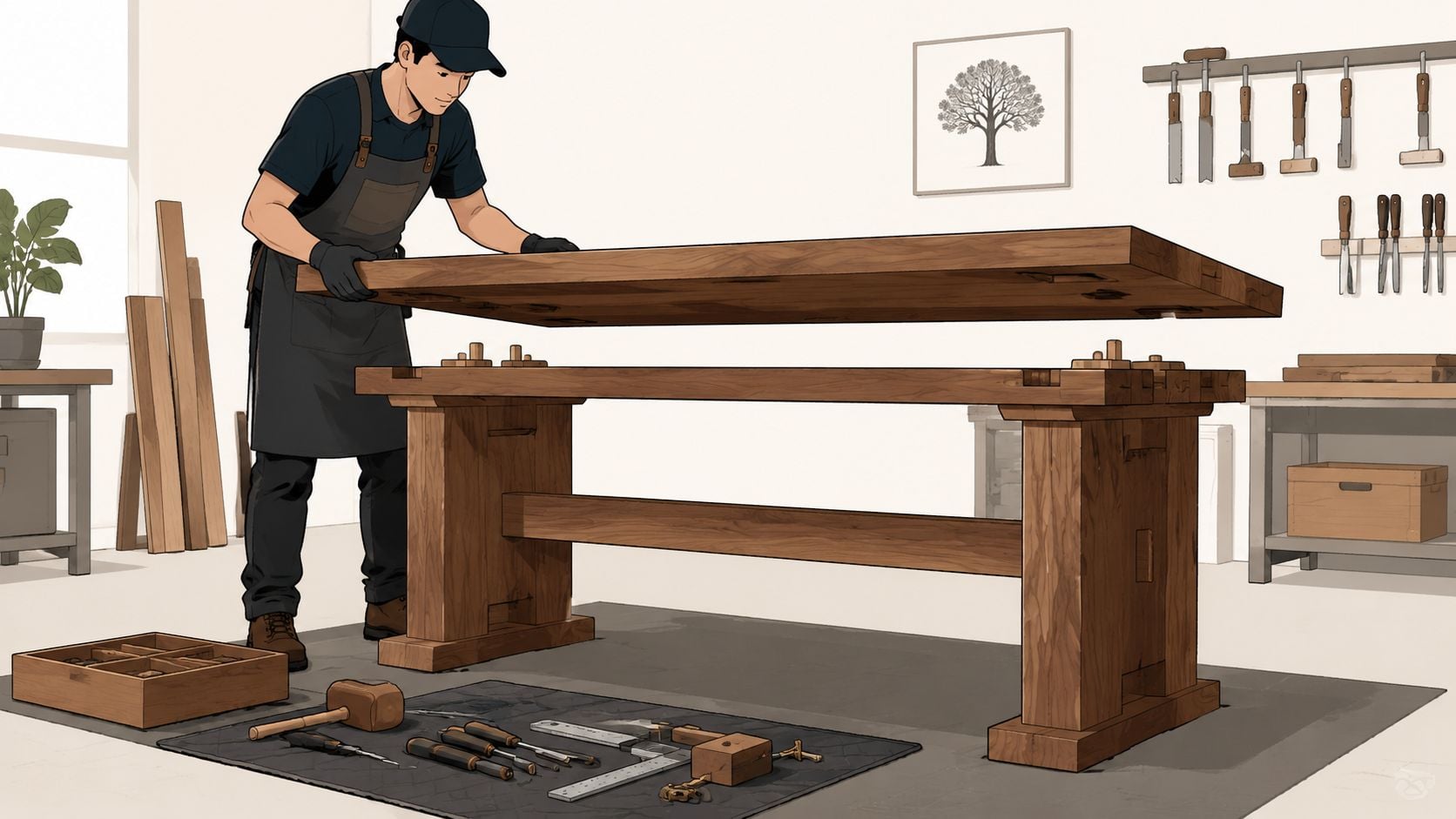 A skilled woodworker assembling a large handmade wooden table in a well-equipped workshop studio.