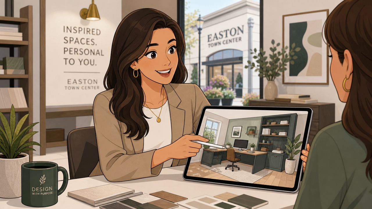 A professional interior designer showcasing a custom home office furniture design on a tablet to a client.