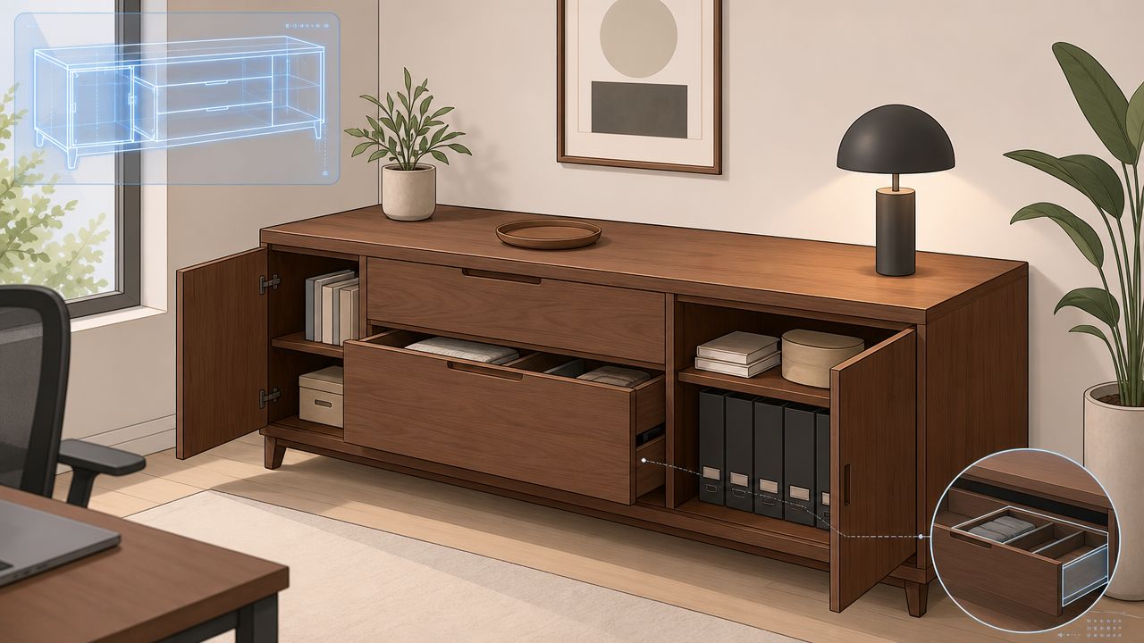 A modern wooden sideboard in a home office featuring drawers, cabinets, and a schematic overlay.