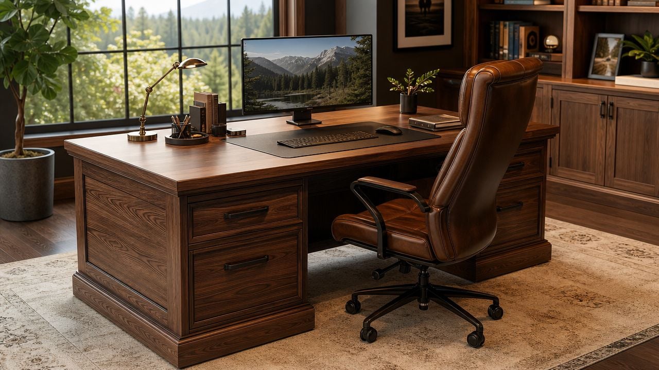 A luxurious home office featuring a large dark wooden executive desk and a comfortable leather office chair.