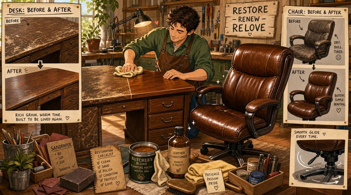 A craftsman restores a wooden desk and leather office chair in a cozy workshop filled with tools.