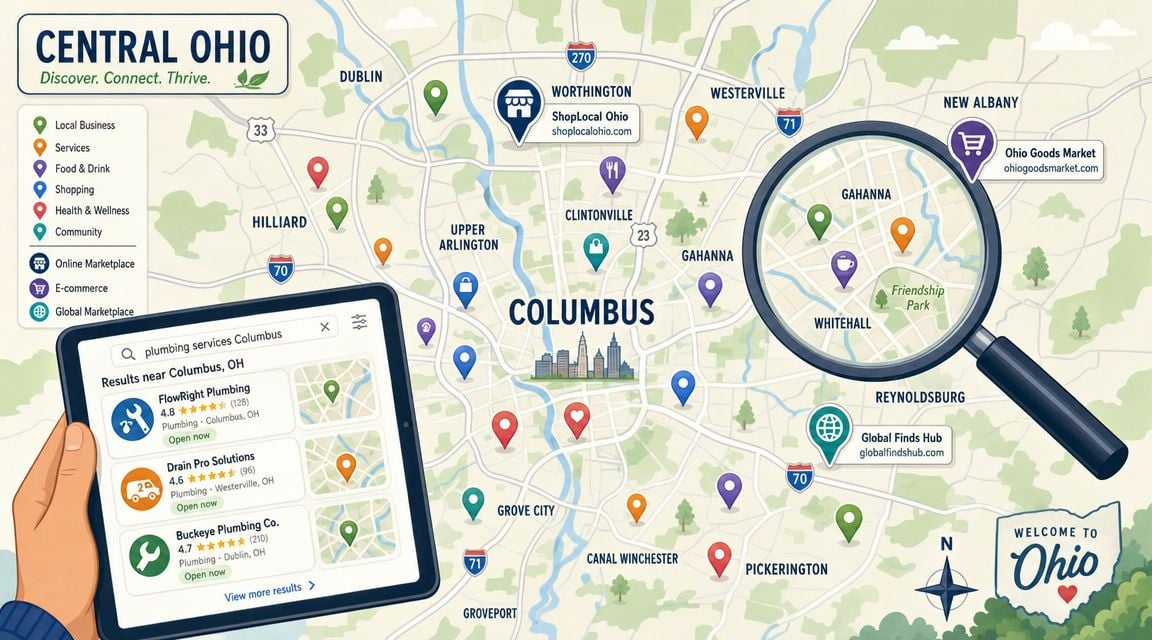 An illustration showing a digital map of Central Ohio with search results for local plumbing services.