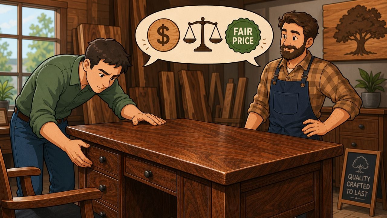 A craftsman showing a wooden desk to a customer in a woodworking shop with fair price icons.