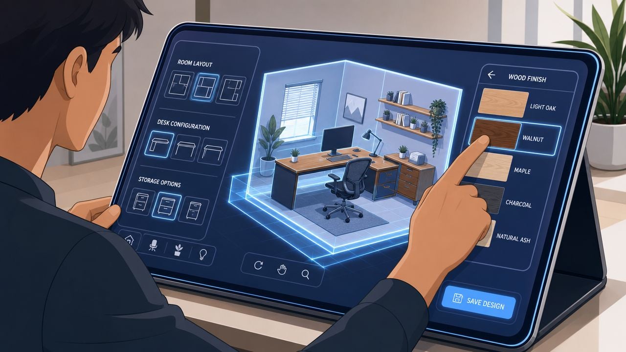 A person using a digital interface to customize a home office layout with furniture and storage options.